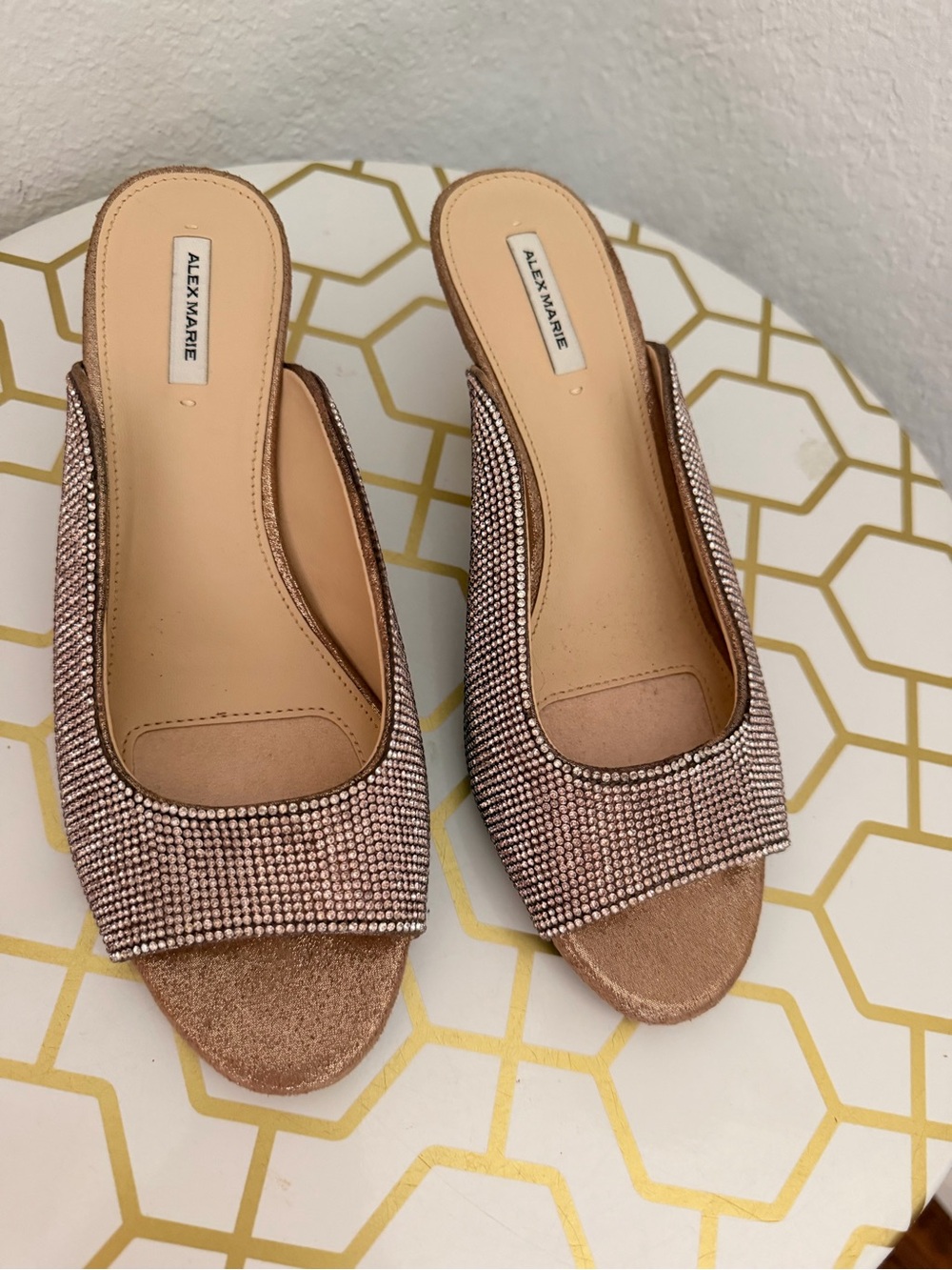 Alex Marie Rose Gold Embellished Peep Toe Slide Kitten Heels (NEW)